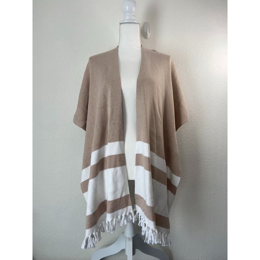 Chico's women's small/medium tan‎ natural ruana scarf poncho blanket drape NWT